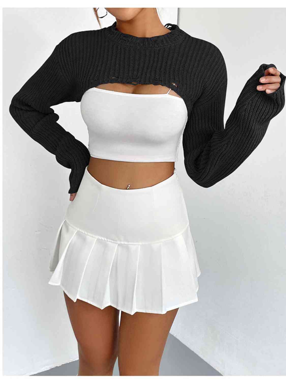 Distressed Long Sleeve Cropped Sweater - Design Studios Direct
