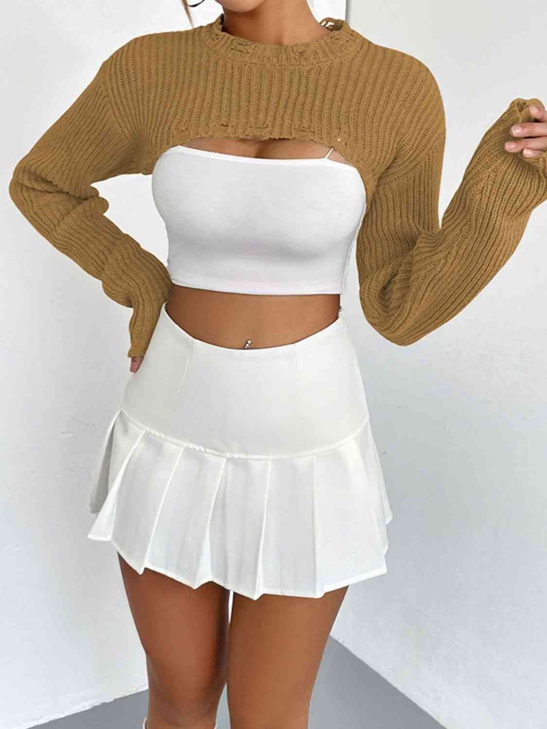Distressed Long Sleeve Cropped Sweater - Design Studios Direct