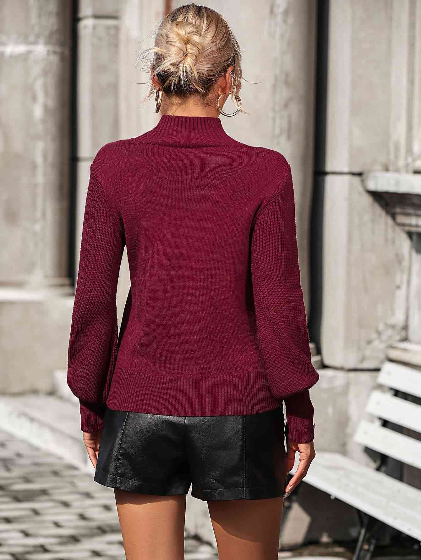 Mock Neck Ribbed Lantern Sleeve Pullover Sweater - Design Studios Direct