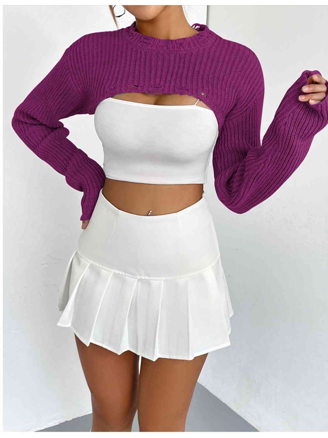 Distressed Long Sleeve Cropped Sweater - Design Studios Direct