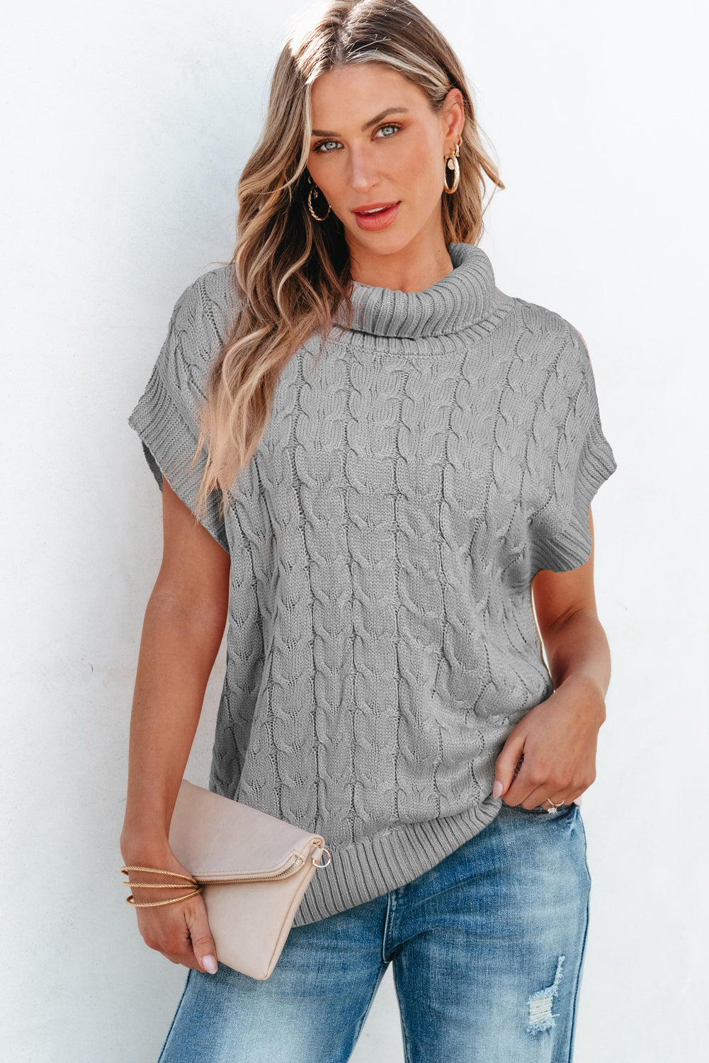 Grey Cable Knit Turtleneck Batwing Sleeve Sweater - Design Studios Direct