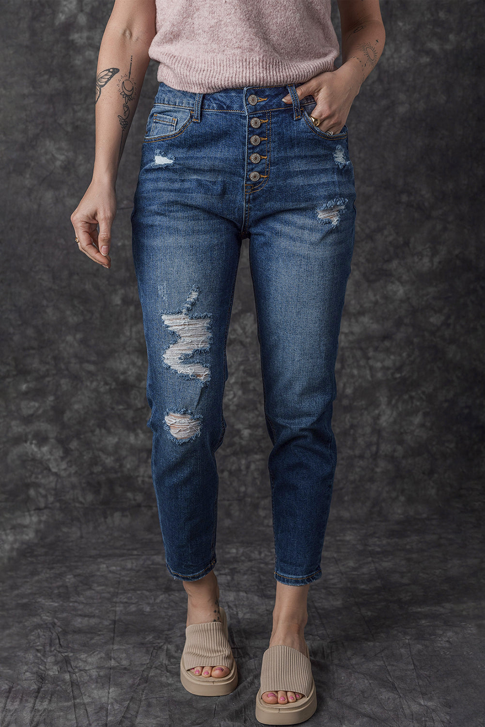 Blue Distressed Button Fly High Waist Skinny Jeans - Design Studios Direct