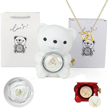 Eternal Rose Teddy Bear Gifts Box with Necklace Rotate Rose Jewelry Box Valentine Wedding Storage Gift Case for Women Girlfriend