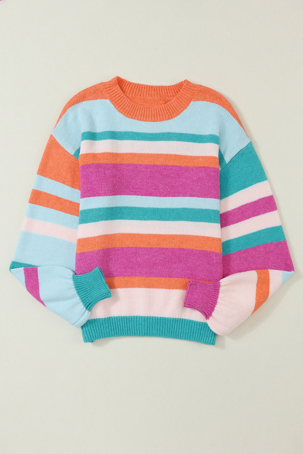 Multicolor Striped Knit Drop Shoulder Puff Sleeve Sweater - Design Studios Direct