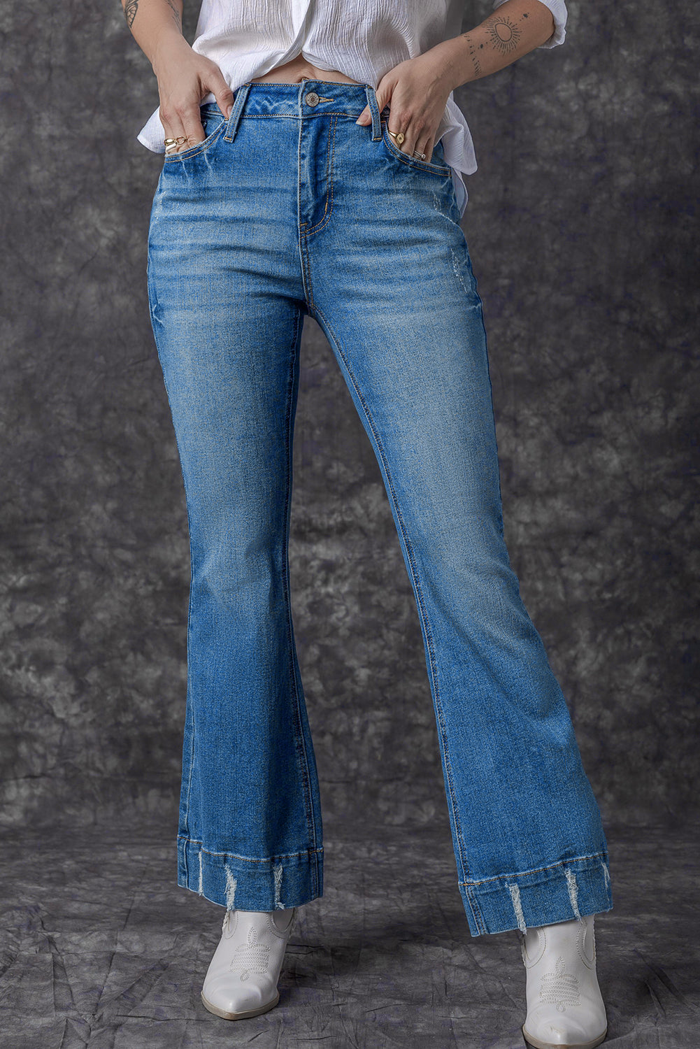 Sky Blue Slight Distressed Medium Wash Flare Jeans - Design Studios Direct