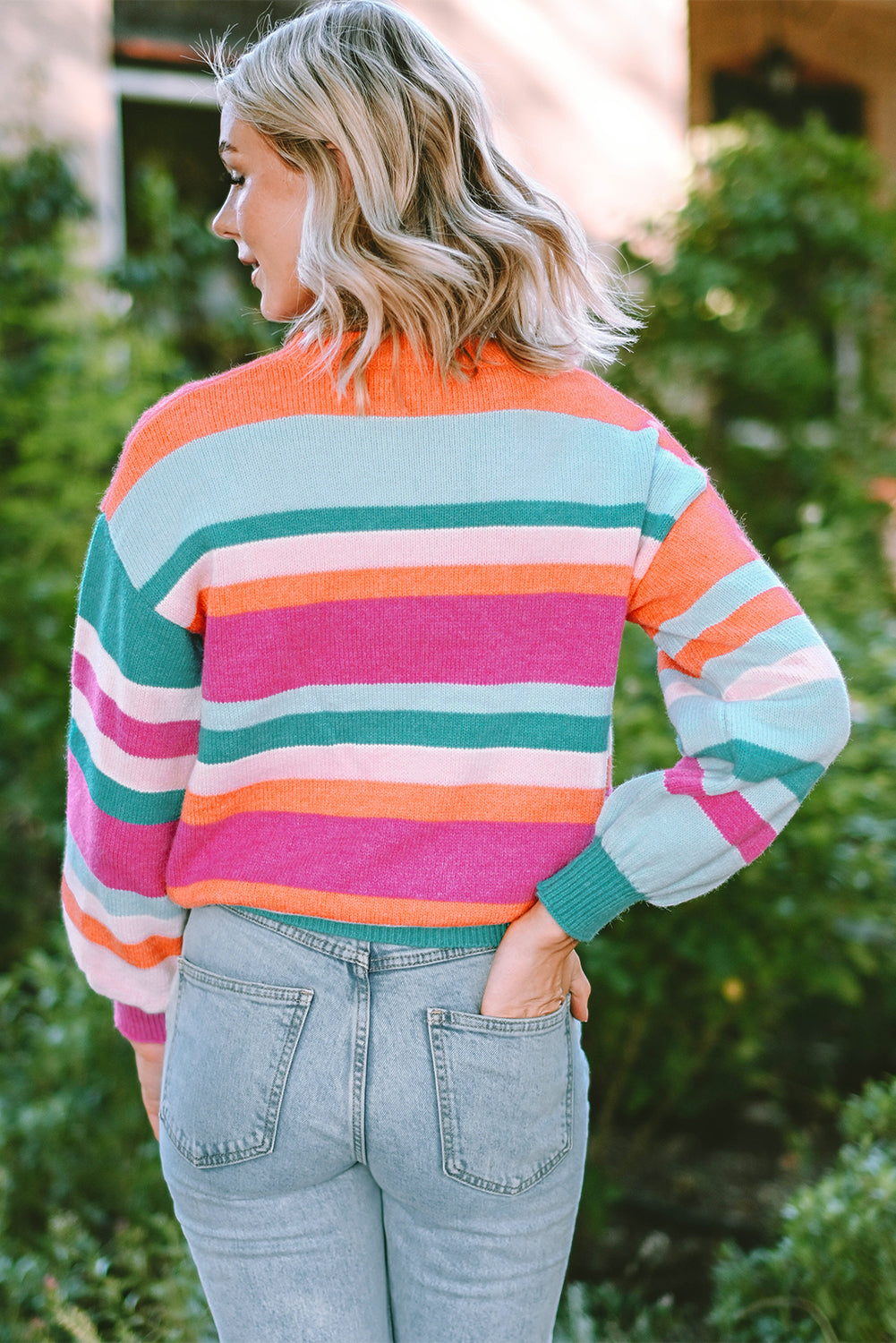 Multicolor Striped Knit Drop Shoulder Puff Sleeve Sweater - Design Studios Direct