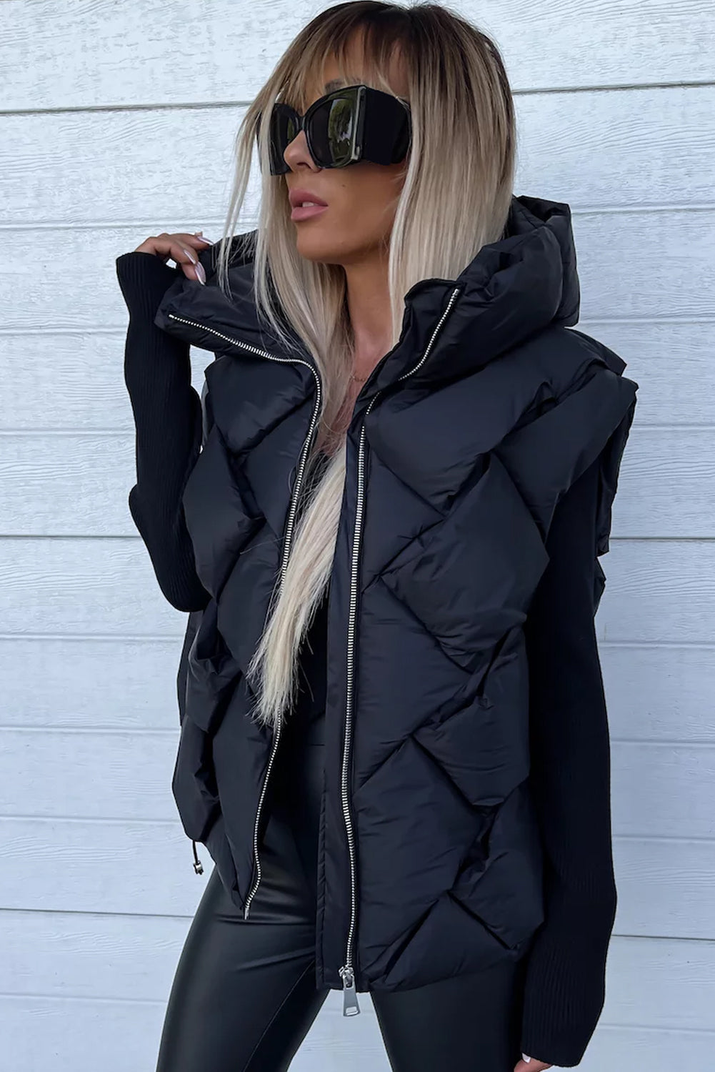 Black Quilted Zipper Front Hooded Vest Coat - Design Studios Direct