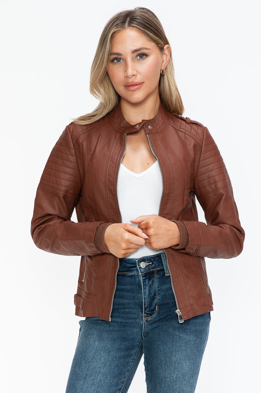 Snobbish PU Leather Biker Jacket with Side Zip Pockets - Design Studios Direct