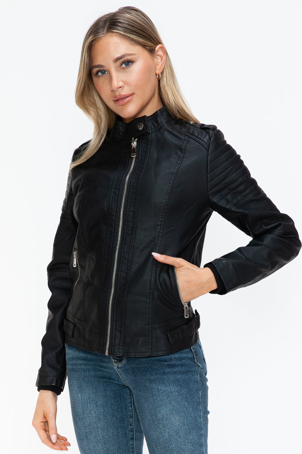 Snobbish PU Leather Biker Jacket with Side Zip Pockets - Design Studios Direct