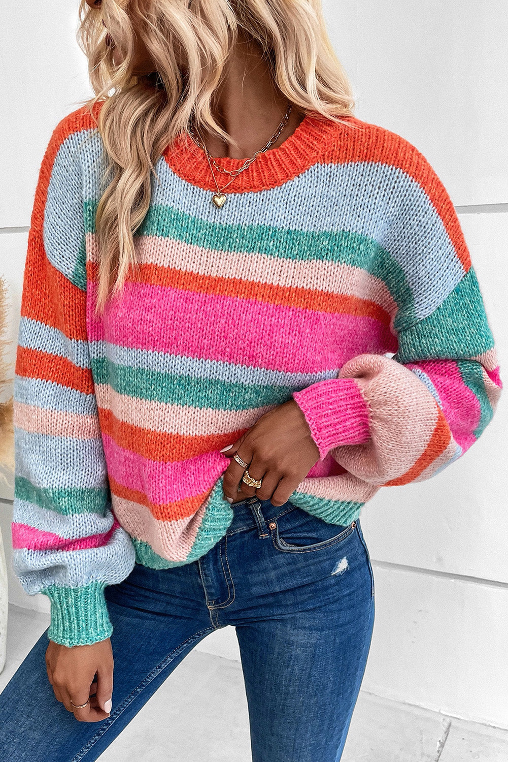 Multicolor Striped Knit Drop Shoulder Puff Sleeve Sweater - Design Studios Direct