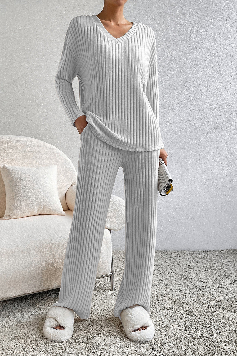 Light Grey Ribbed Knit V Neck Slouchy Two-piece Outfit - Design Studios Direct