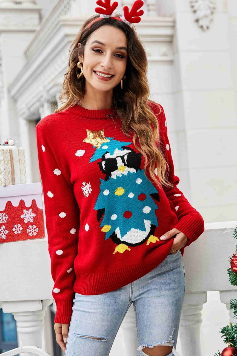 Christmas Penguin Graphic Sequin Sweater - Design Studios Direct