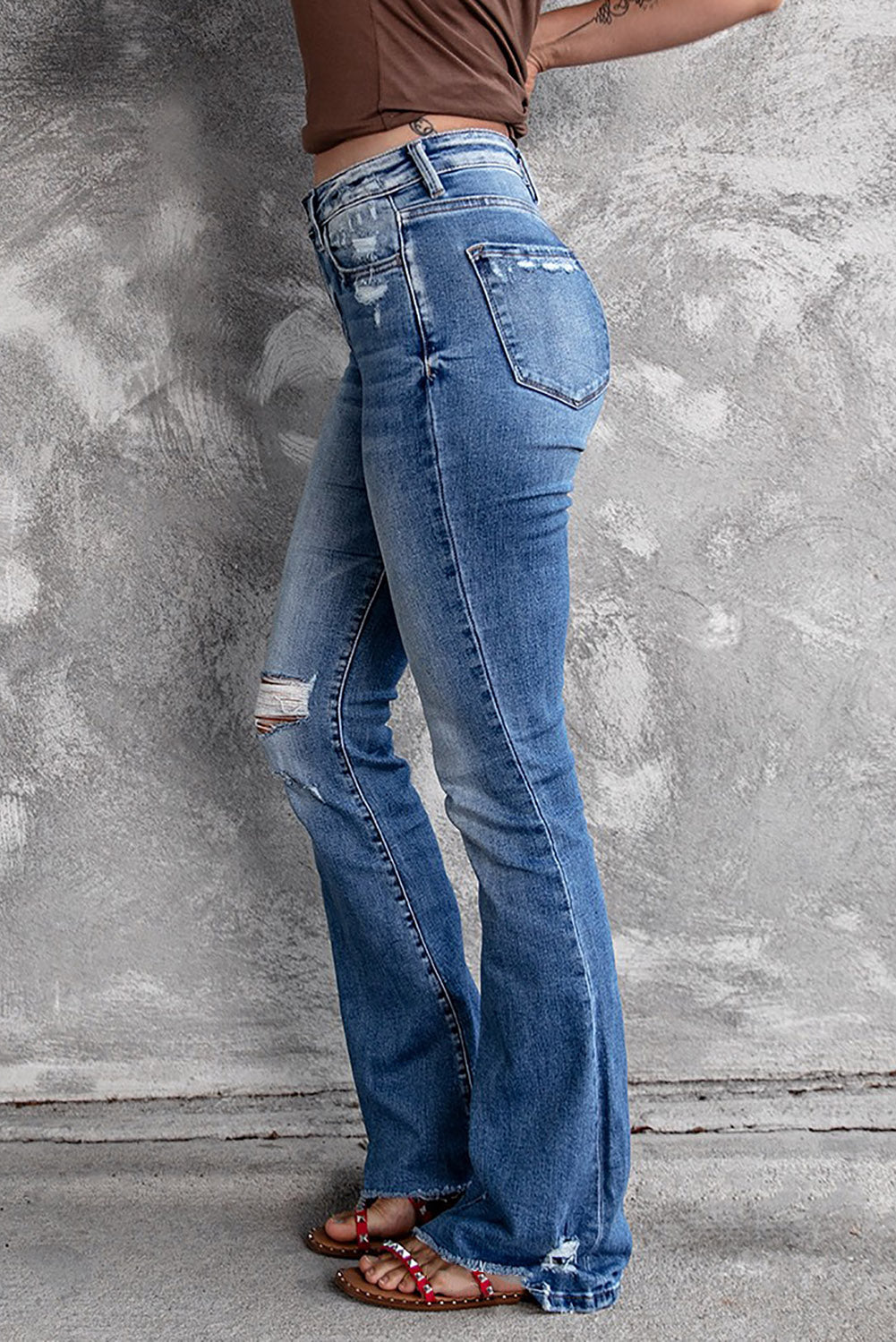 Blue Distressed Flare Jeans - Design Studios Direct