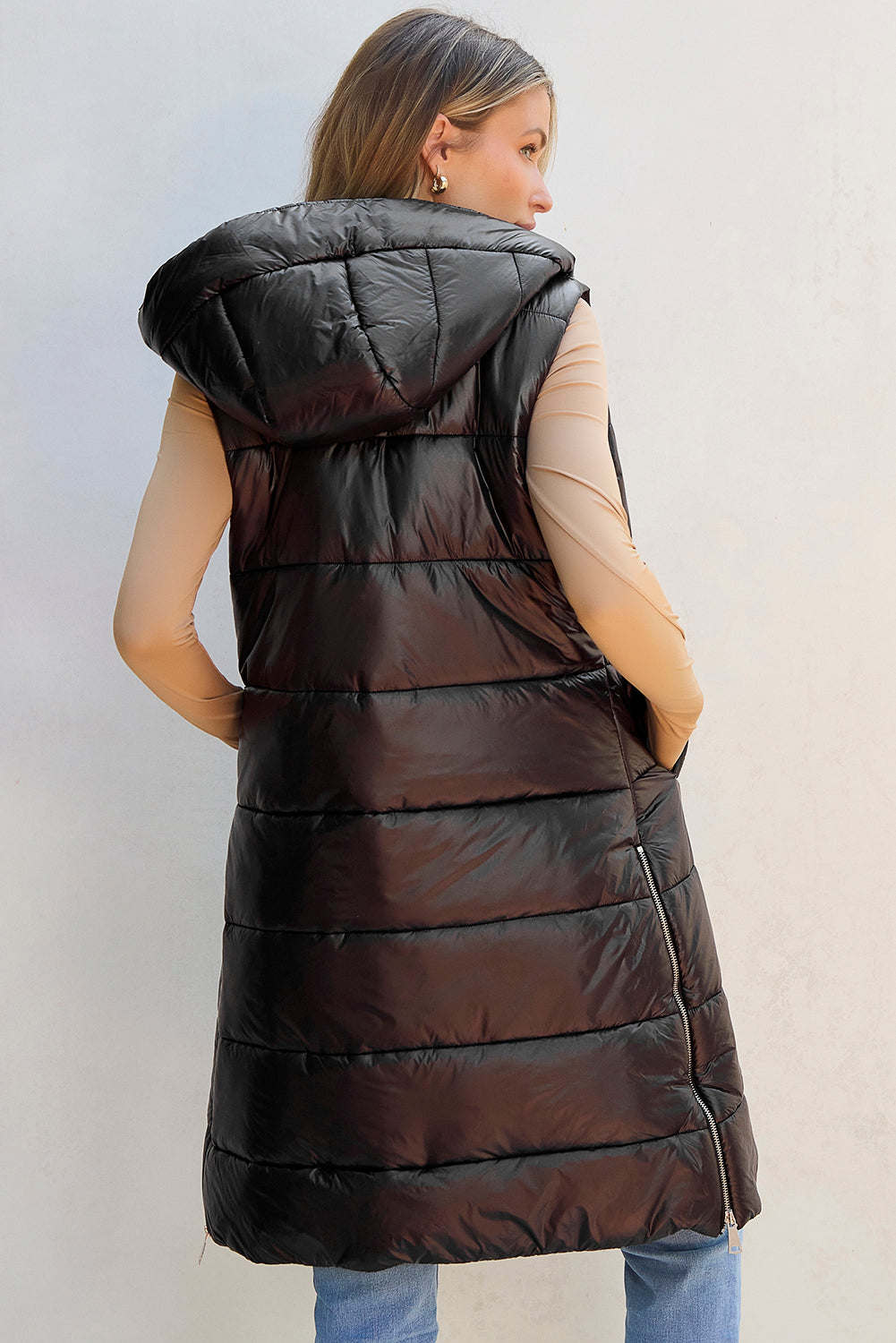 Black Hooded Long Quilted Vest Coat - Design Studios Direct