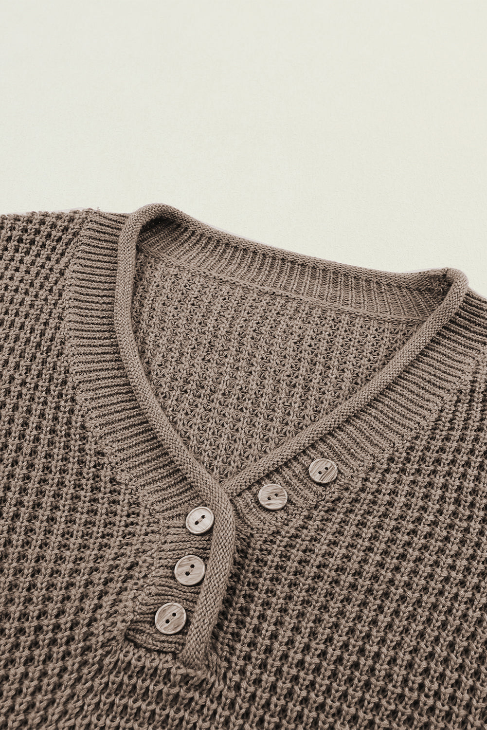 Khaki Pointelle Knit Button V Neck Drop Shoulder Sweater - Design Studios Direct