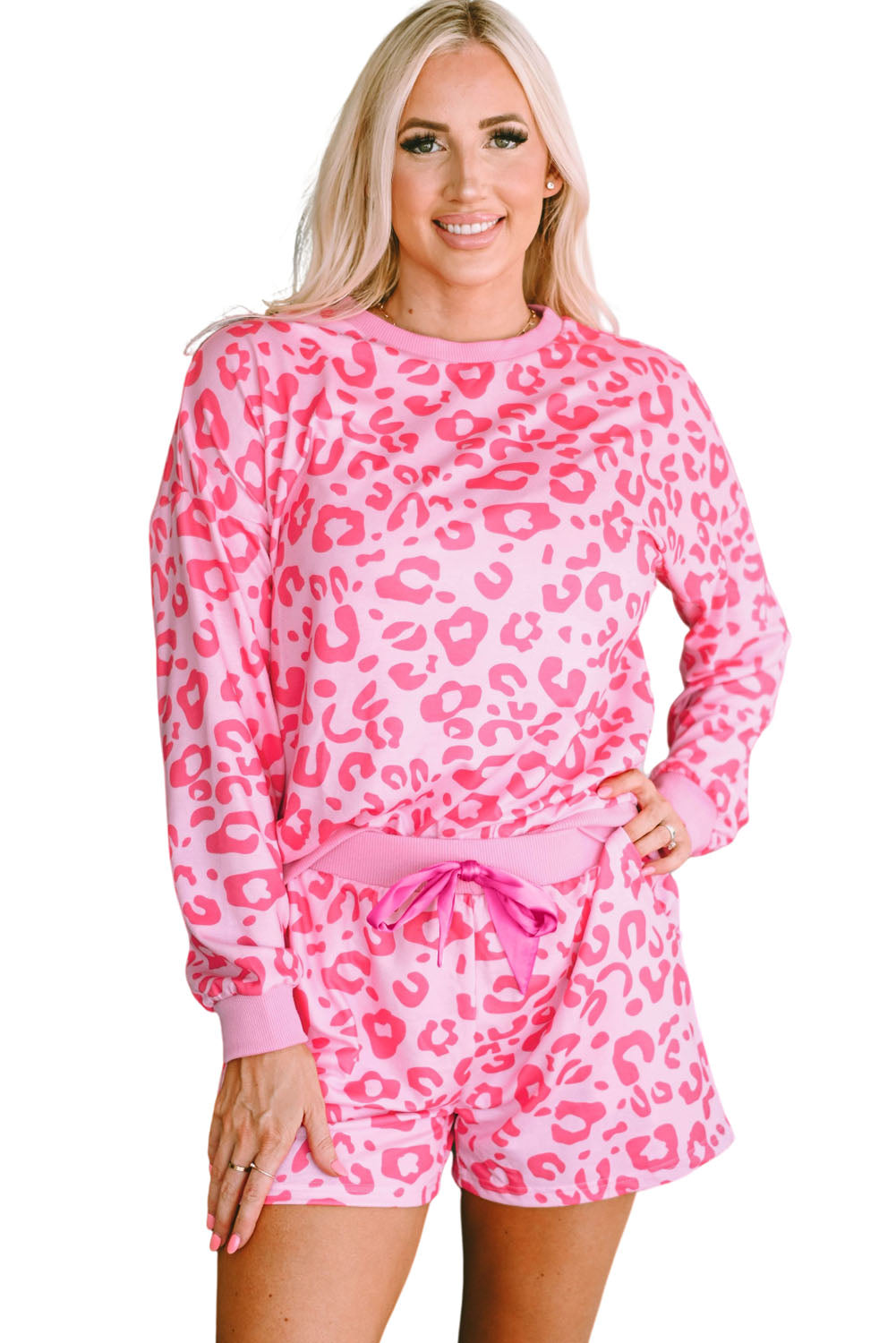 Pink Leopard Long Sleeve Satin Tie Shorts Two Piece Set - Design Studios Direct