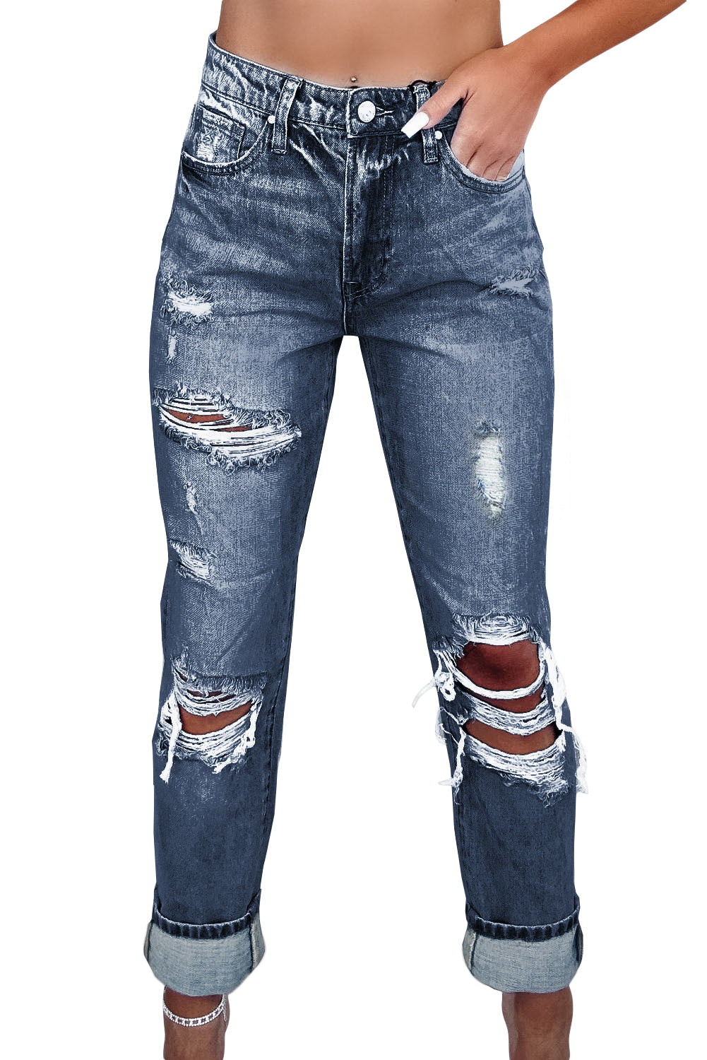 Navy Blue Light Wash Frayed Slim Fit High Waist Jeans - Design Studios Direct