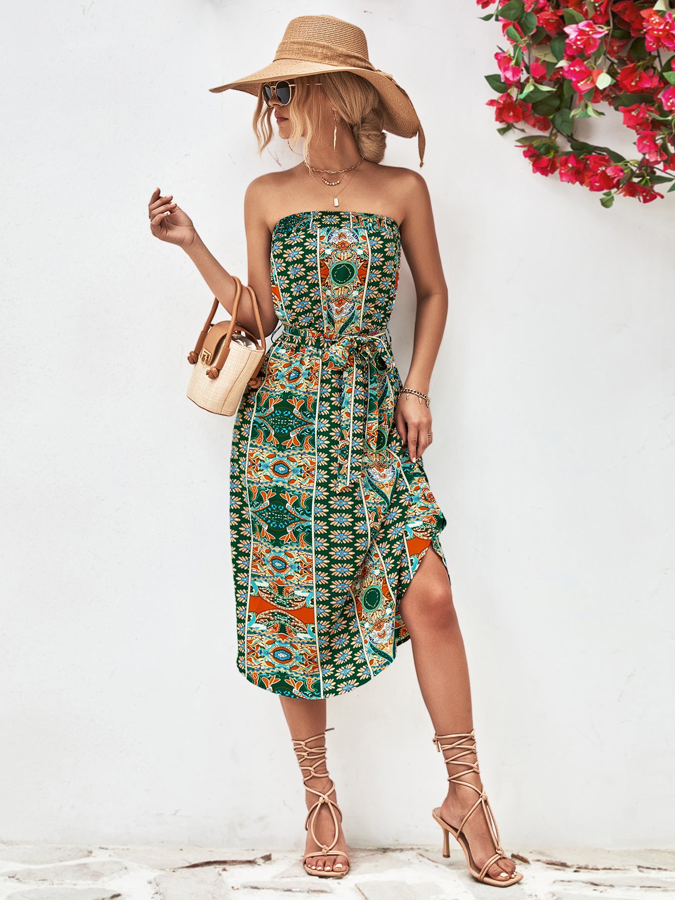 Printed Strapless Tie Belt Dress - Design Studios Direct