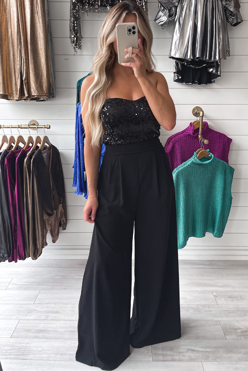 Black Sequin Tube Top Wide Leg Jumpsuit - Design Studios Direct