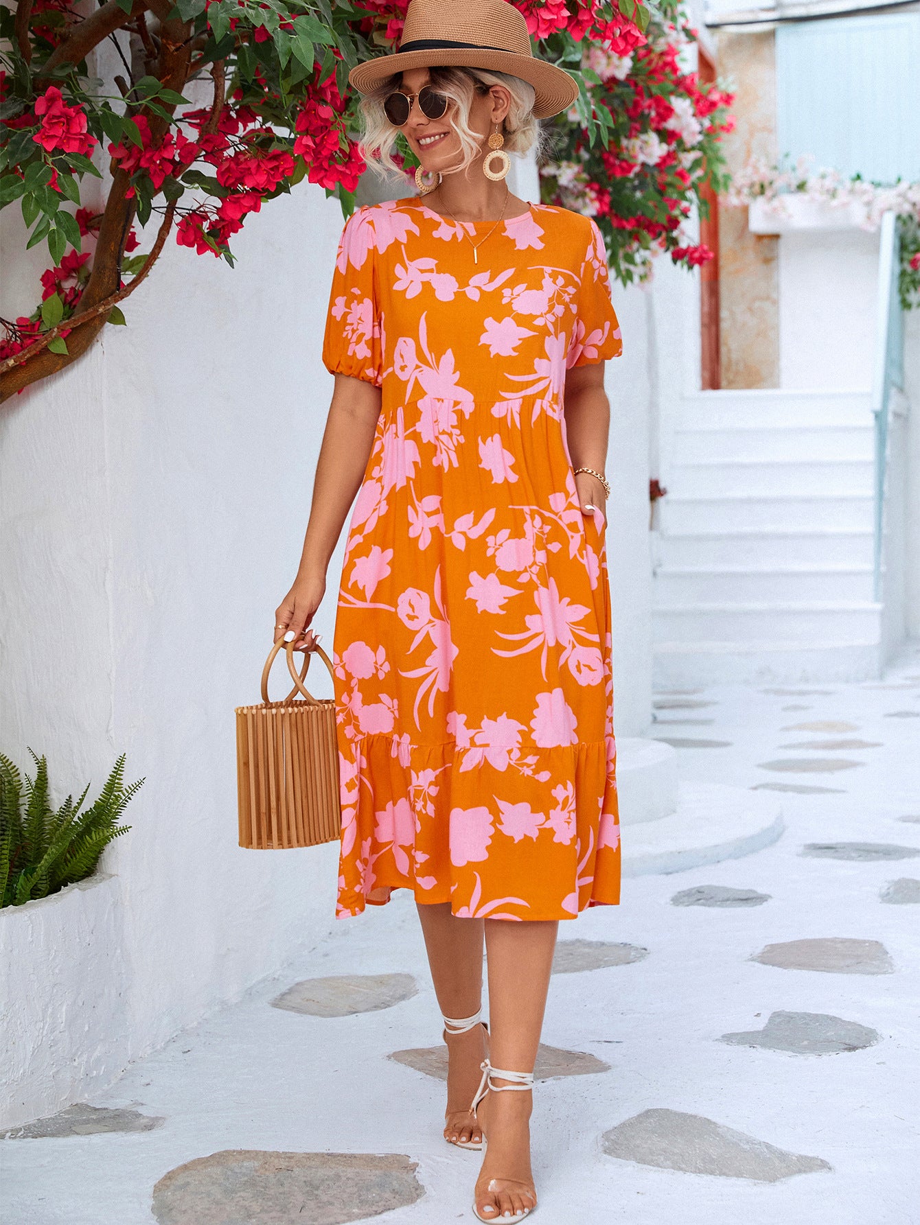 Floral Puff Sleeve Ruffle Hem Midi Dress - Design Studios Direct