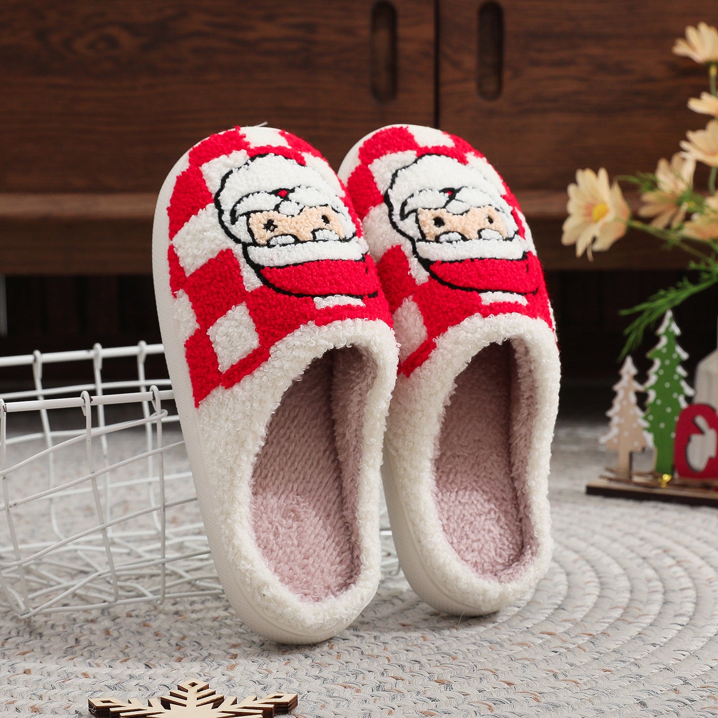 New Christmas Plaid Santa Claus Slippers Winter Indoor Non-slip Floor Bedroom Fuzzy House Shoes For Women Home Slipper - Design Studios Direct