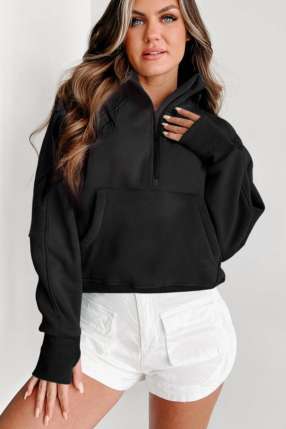 Black Zip Up Stand Collar Ribbed Thumbhole Sleeve Sweatshirt - Design Studios Direct