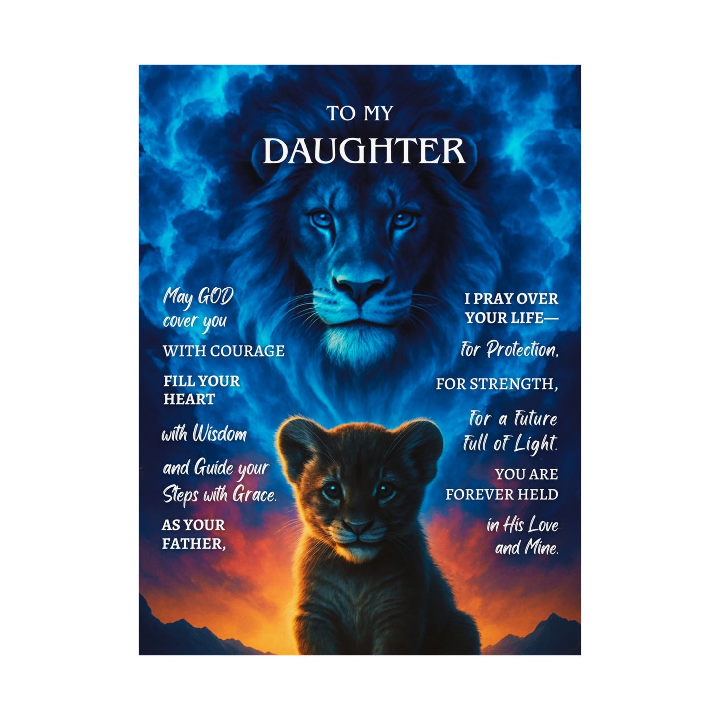 Poster with lion and cub design and motivational text for a daughter, set against a blue and orange gradient background.