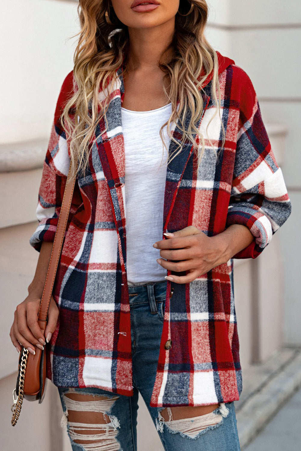 Fiery Red Hooded Plaid Button Front Shacket - Design Studios Direct