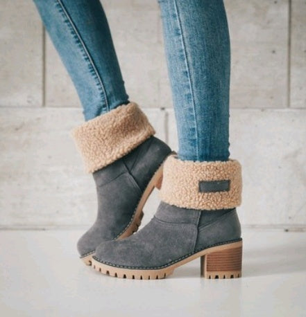 Mid-Tube Suede Snow Boots – Thick Heel for Winter Comfort - Design Studios Direct