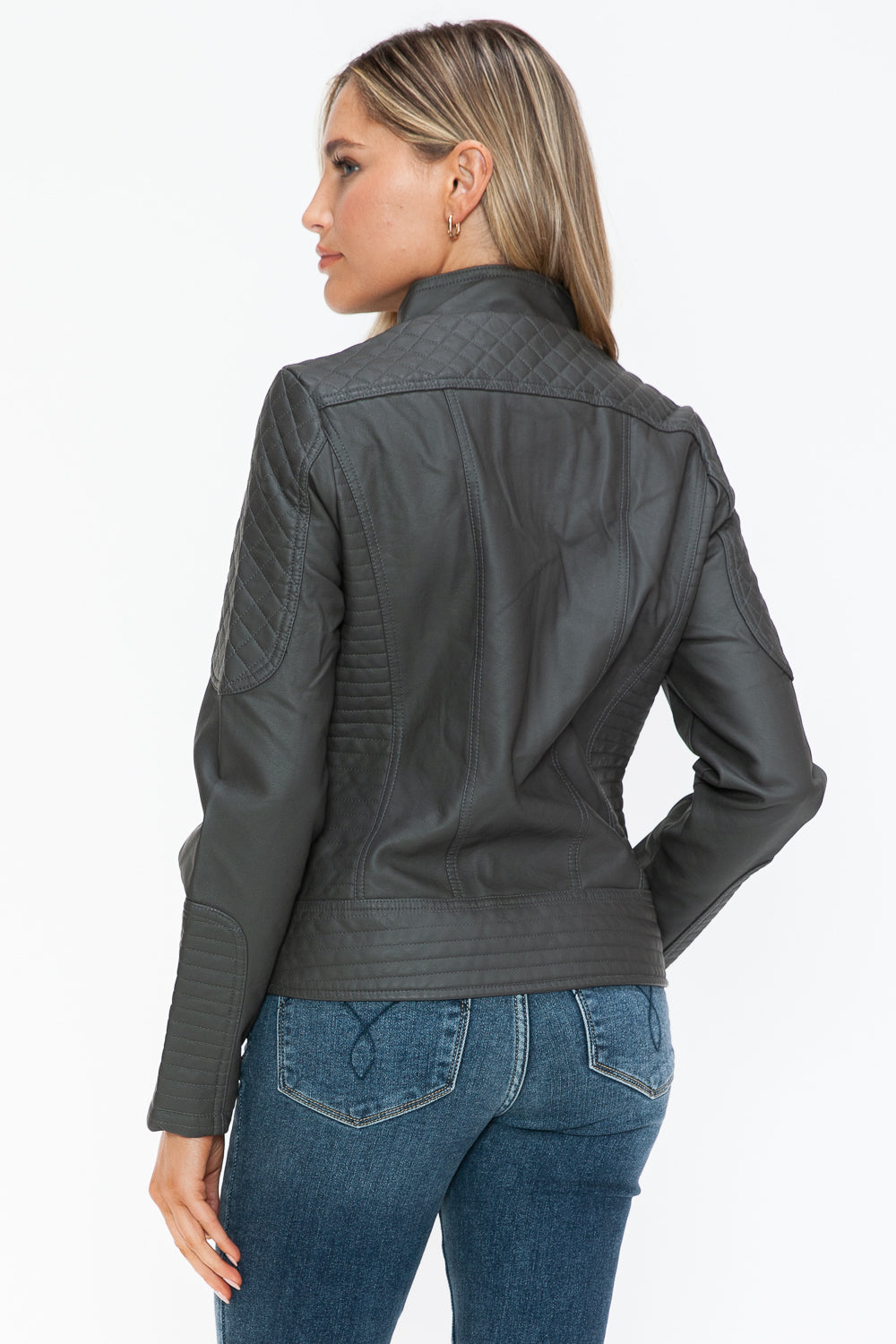 Snobbish Faux Leather Zip Up Mock Neck Jacket - Design Studios Direct