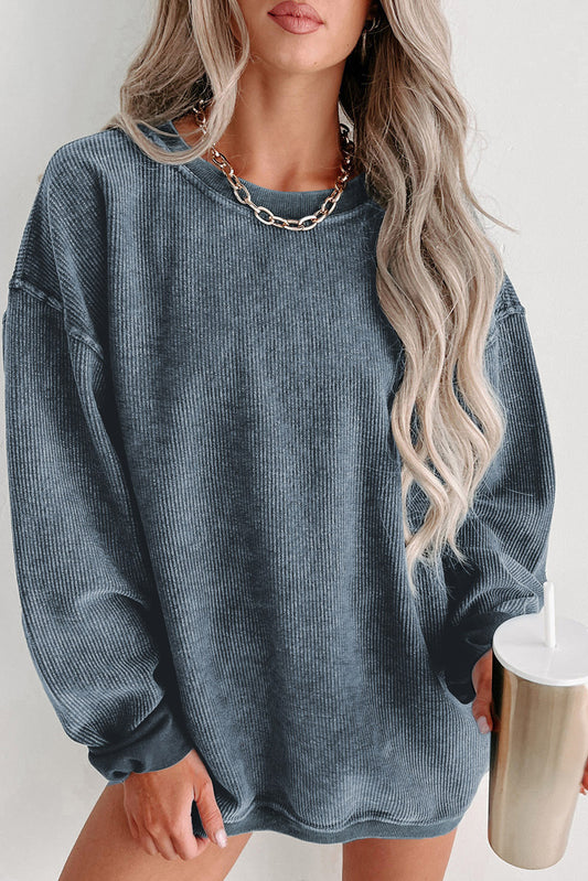 Blue Solid Ribbed Knit Round Neck Pullover Sweatshirt - Design Studios Direct