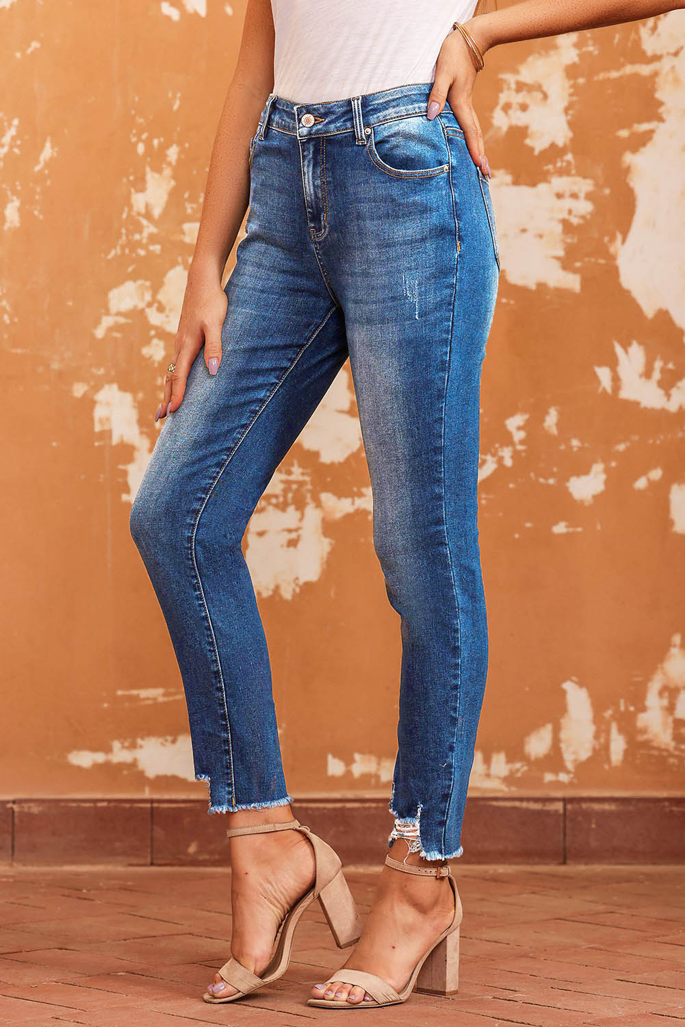 Blue Raw Hem Ankle-length Skinny Jeans - Design Studios Direct