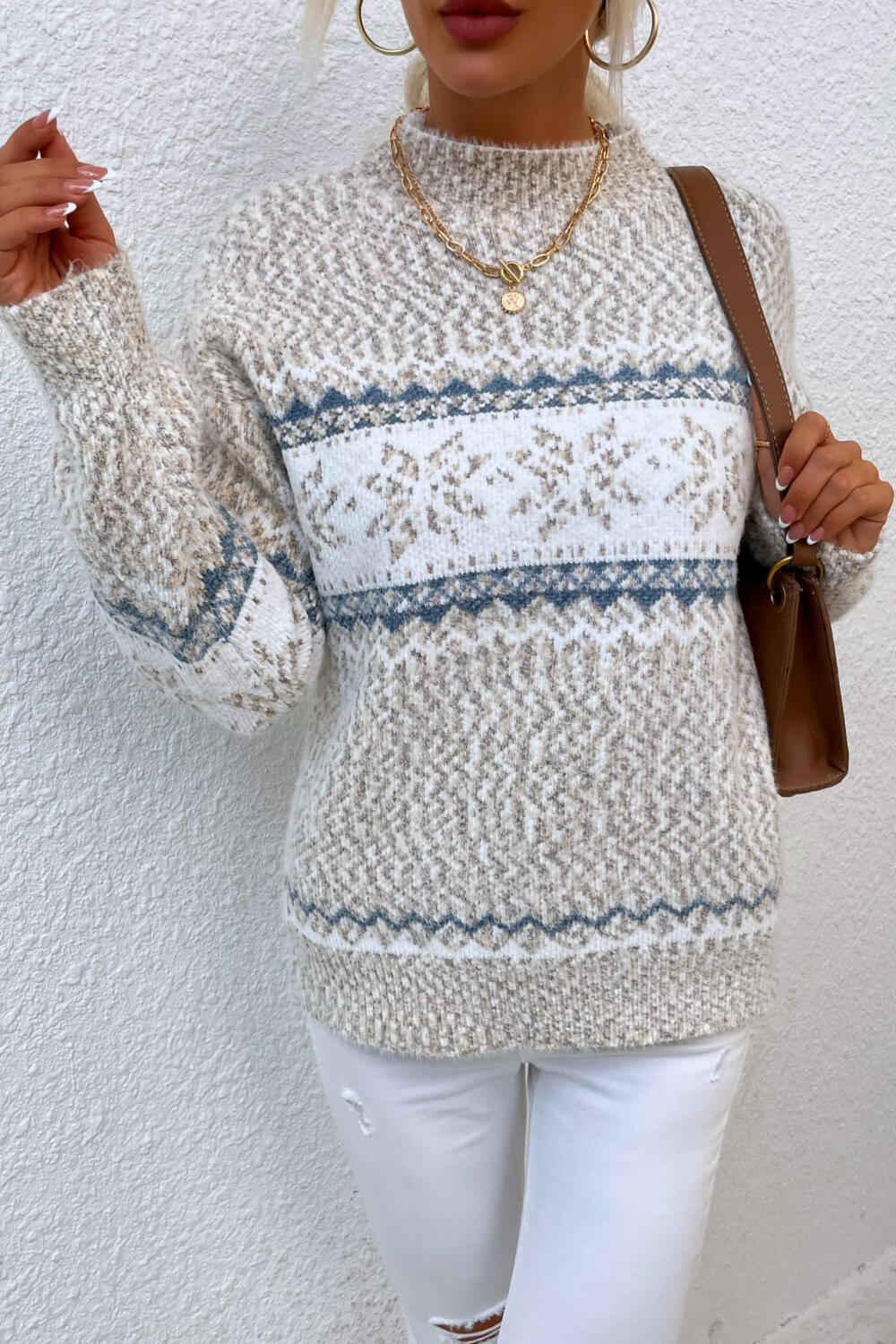 Snowflake Pattern Mock Neck Sweater - Design Studios Direct