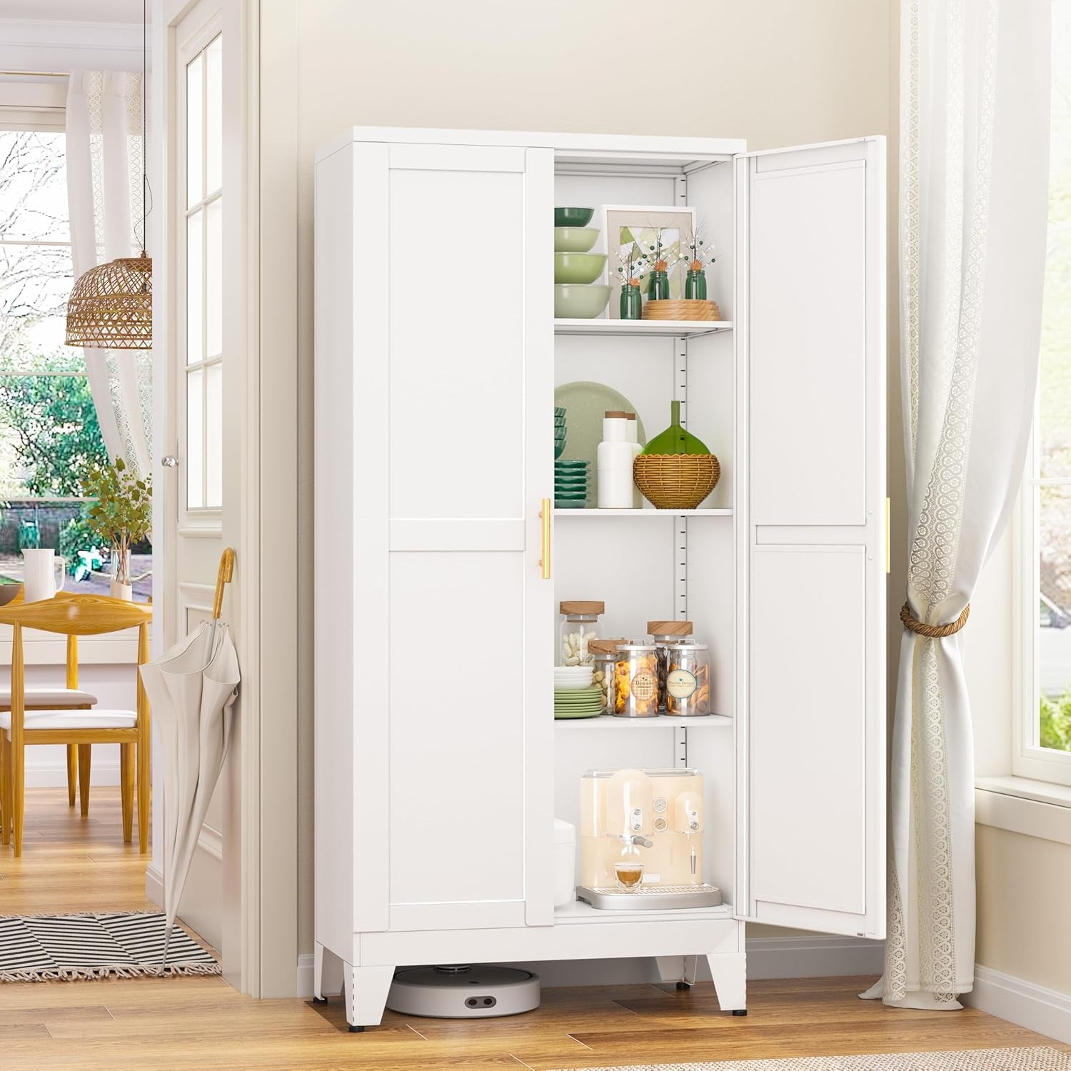 Metal Pantry Cabinet, Kitchen Pantry Storage Cabinets with 2 Door and 3 Adjustable Shelves, White Kitchen Pantry Cabinet, Freestanding Cupboard for Kitchen Dining Room Living Room Bathroom