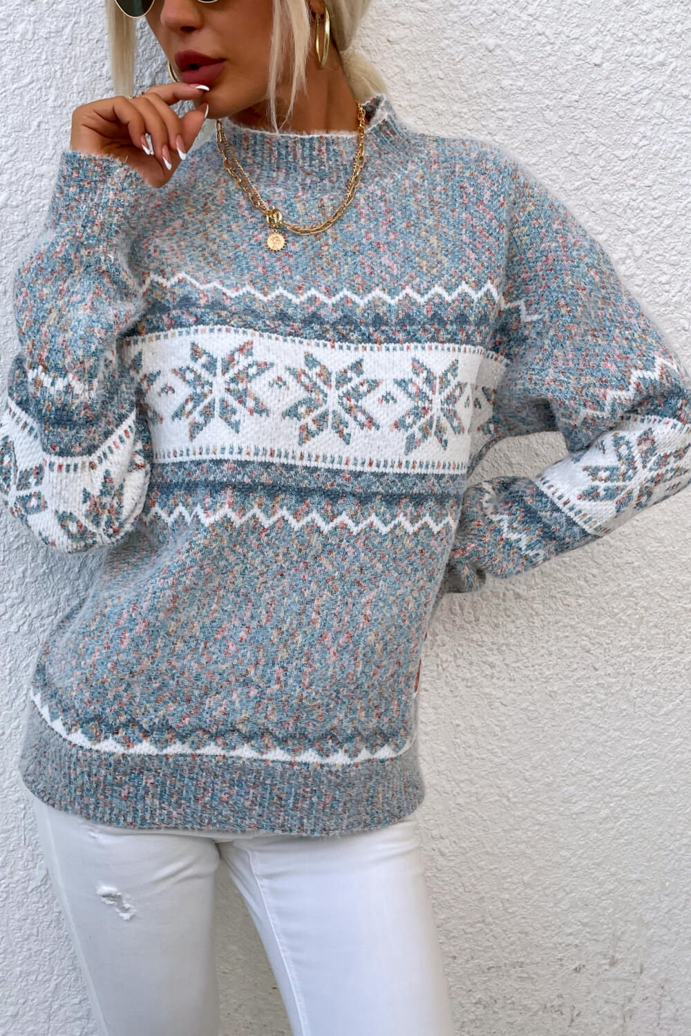 Snowflake Pattern Mock Neck Sweater - Design Studios Direct