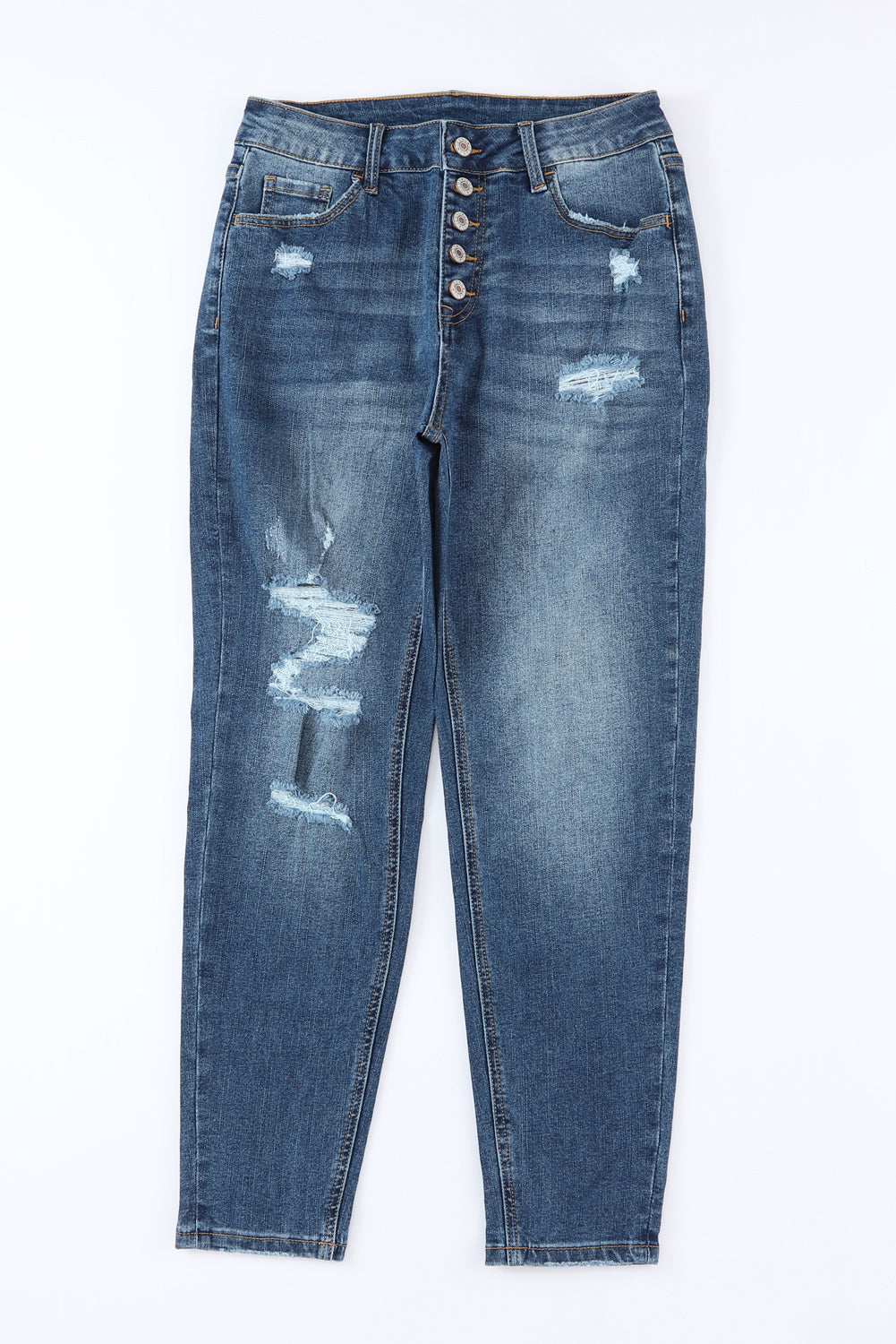 Blue Distressed Button Fly High Waist Skinny Jeans - Design Studios Direct