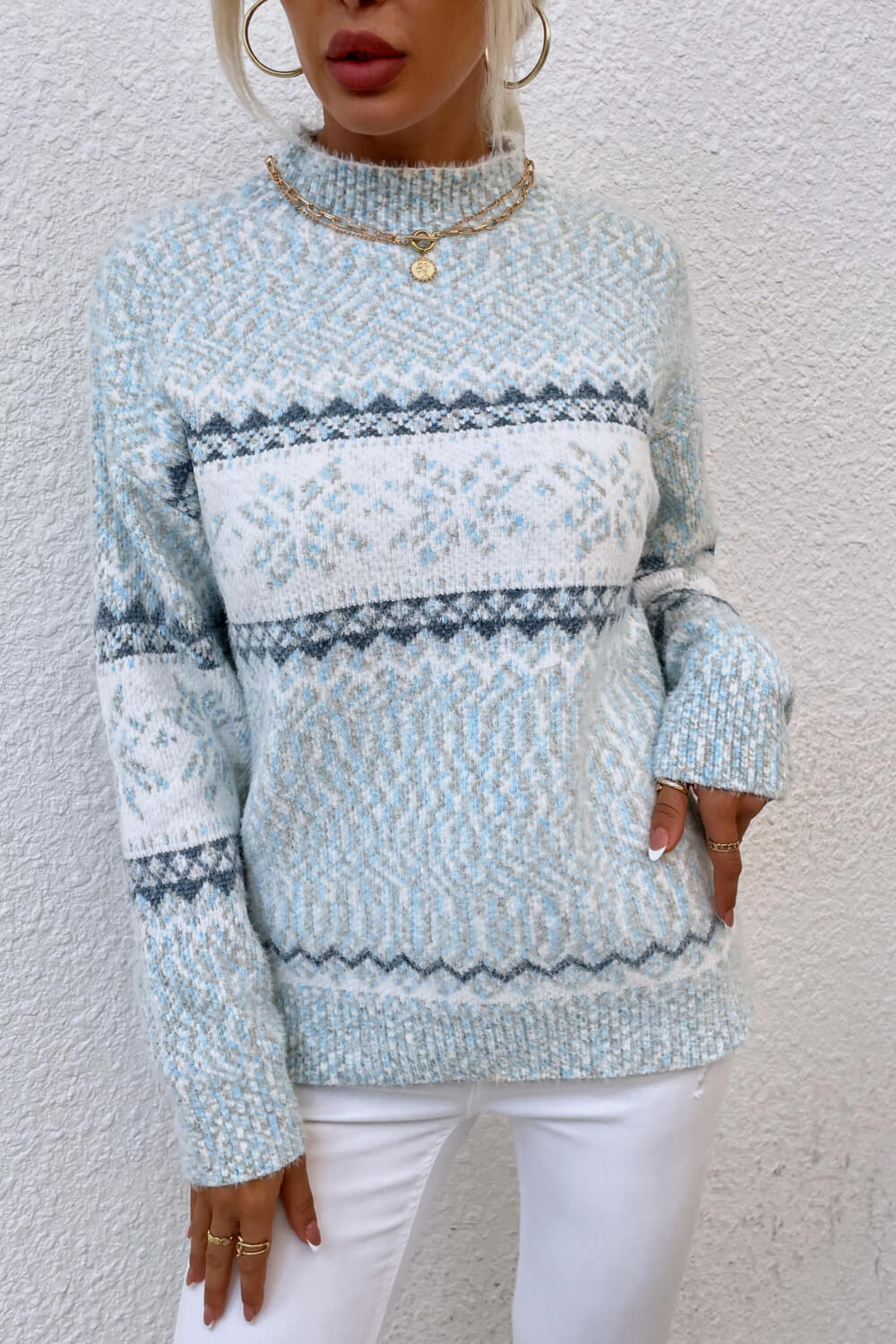 Snowflake Pattern Mock Neck Sweater - Design Studios Direct