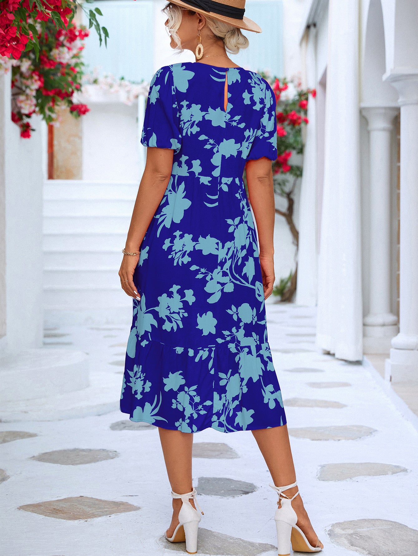 Floral Puff Sleeve Ruffle Hem Midi Dress - Design Studios Direct