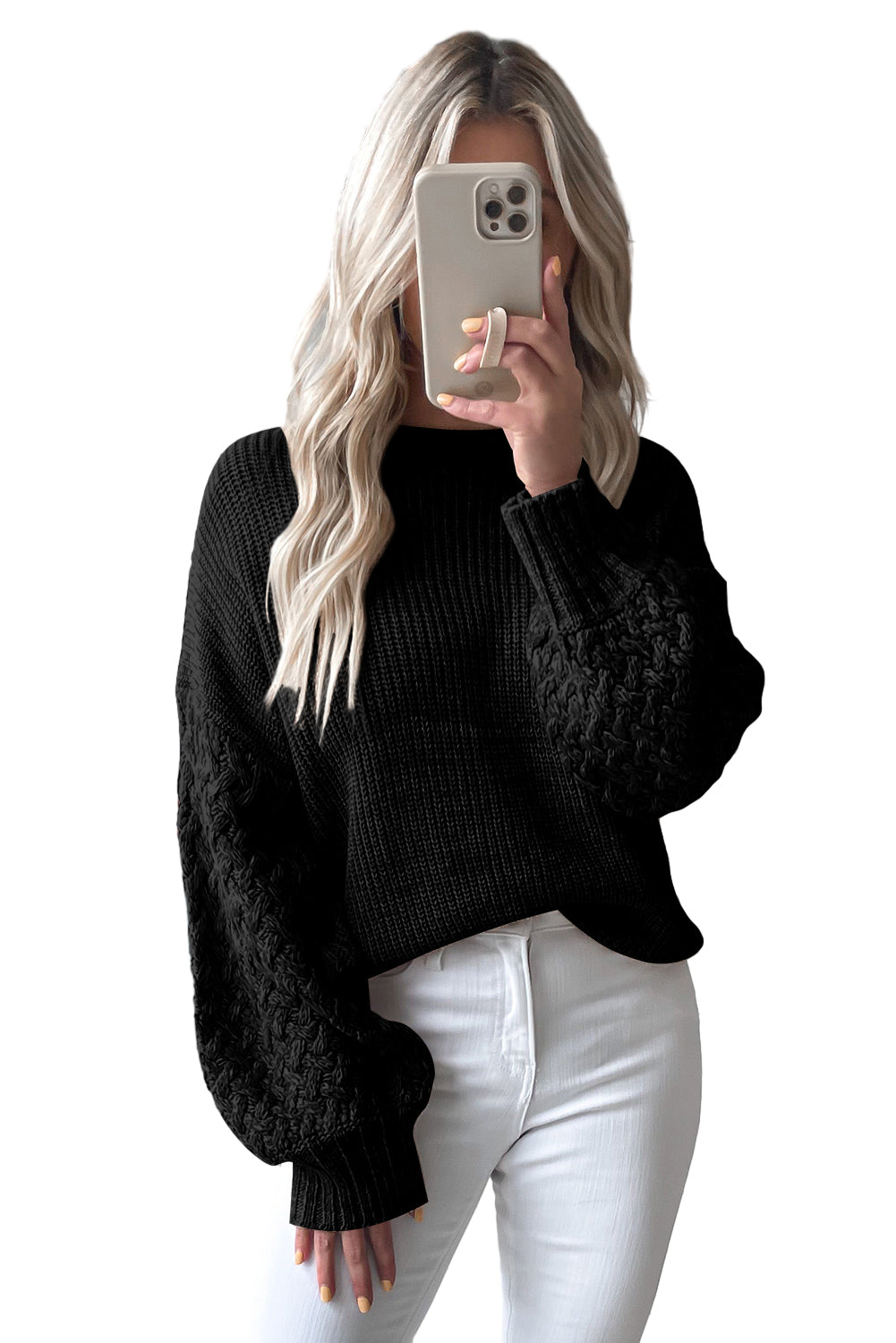 Black Cable Knit Sleeve Drop Shoulder Sweater - Design Studios Direct