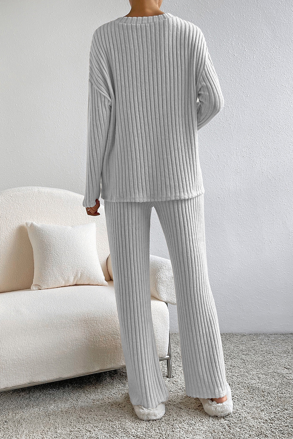 Light Grey Ribbed Knit V Neck Slouchy Two-piece Outfit - Design Studios Direct