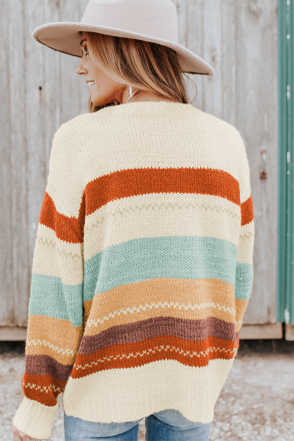 Crew Neck Drop-shoulder Striped Color Block Sweater - Design Studios Direct