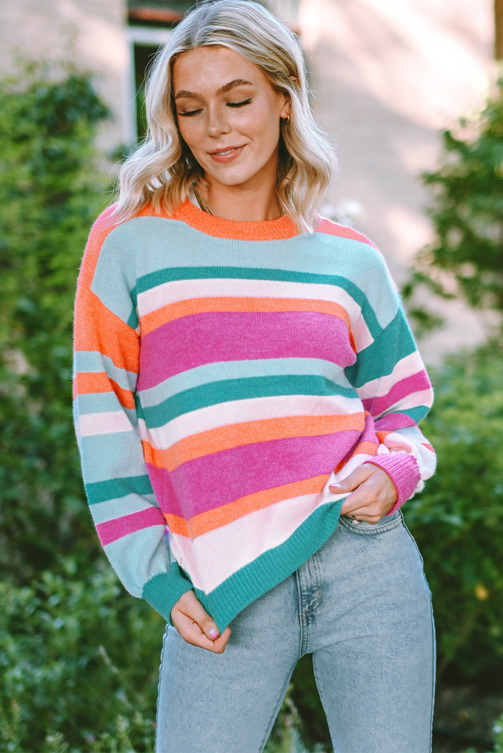 Multicolor Striped Knit Drop Shoulder Puff Sleeve Sweater - Design Studios Direct