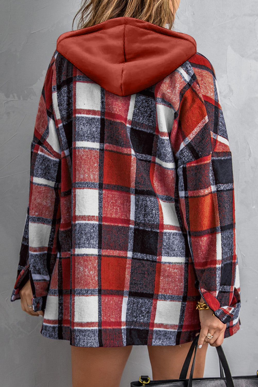 Fiery Red Hooded Plaid Button Front Shacket - Design Studios Direct