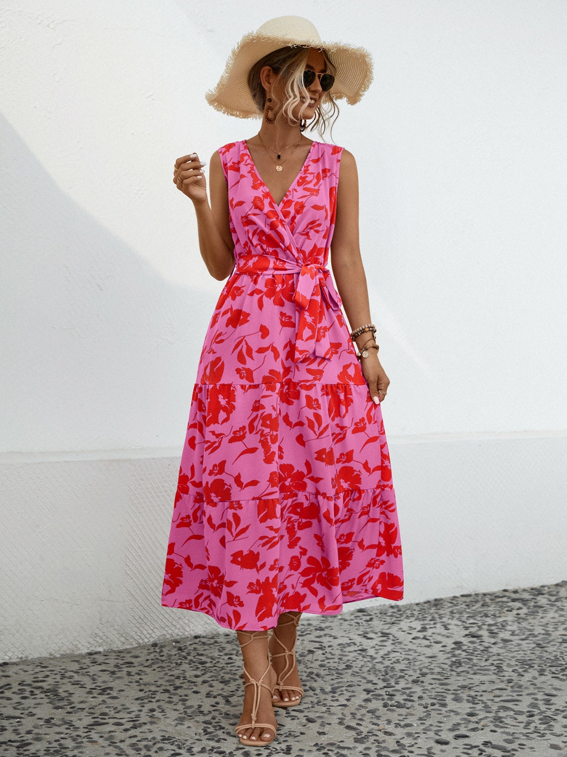 Tied Printed Surplice Tiered Dress - Design Studios Direct