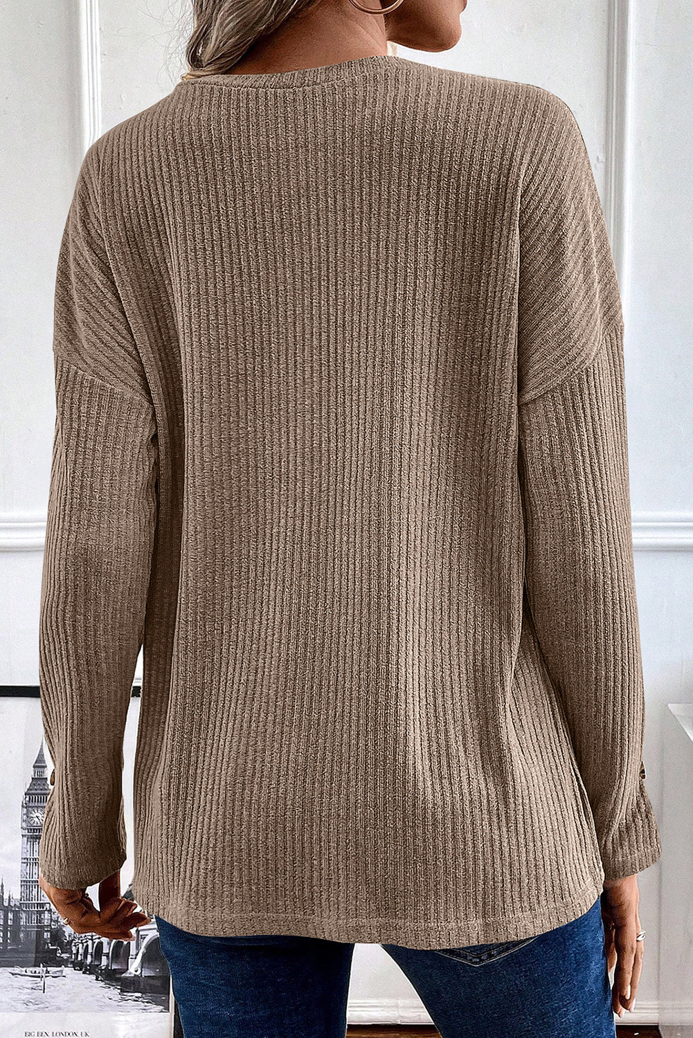 Pale Khaki Rib Textured Henley Knit Top - Design Studios Direct