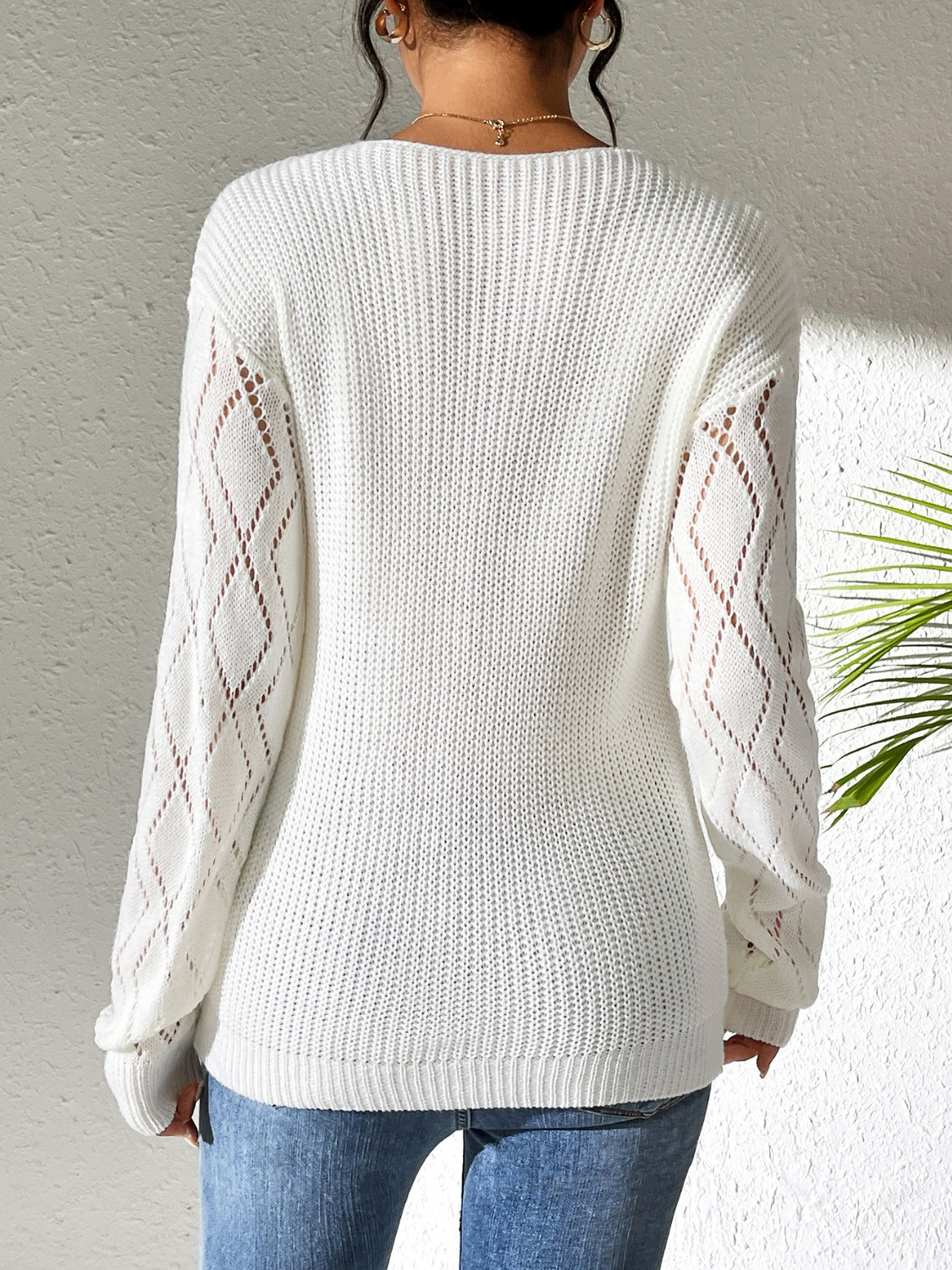 Openwork V-Neck Long Sleeve Sweater - Design Studios Direct