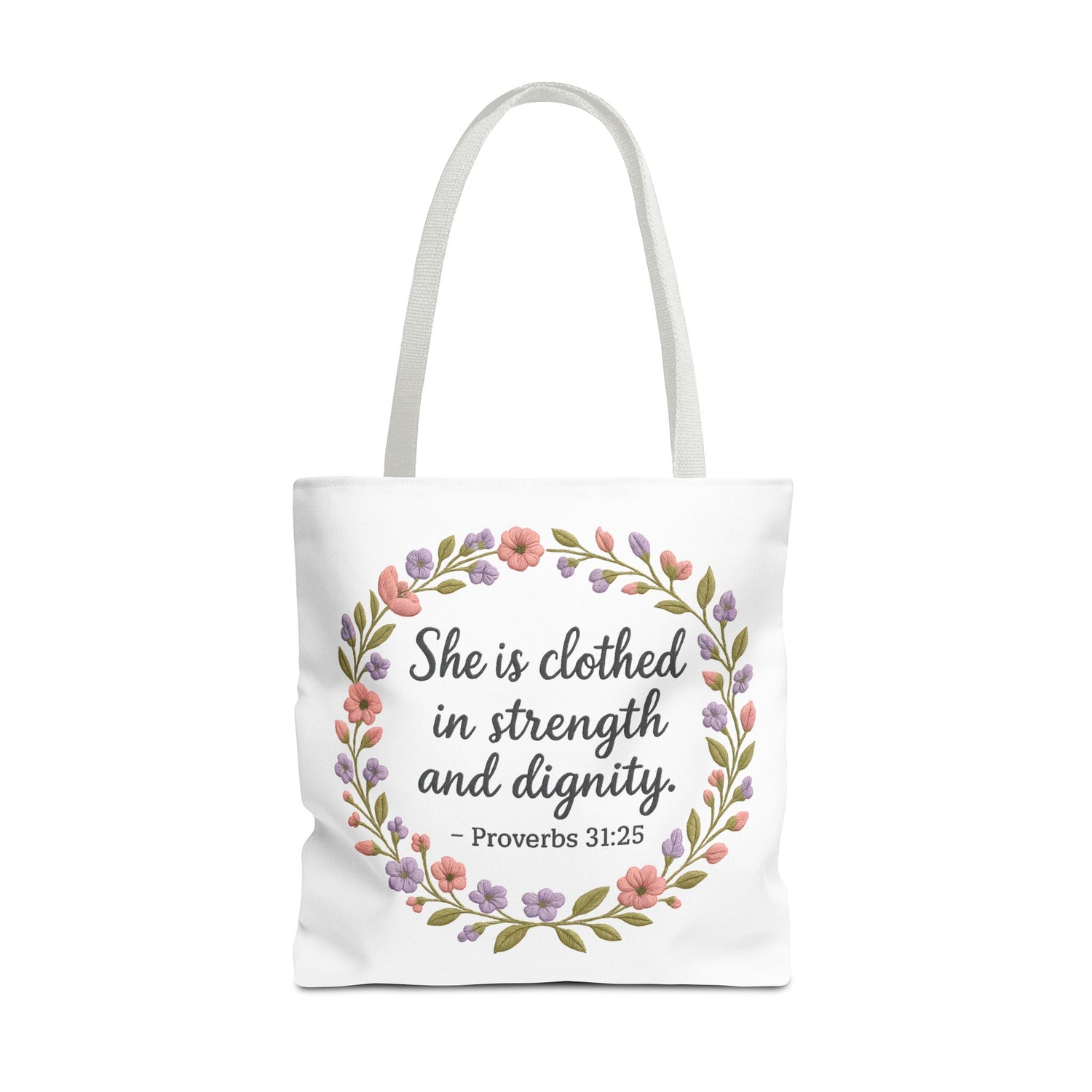 Tote bag with floral design and text on a white background
