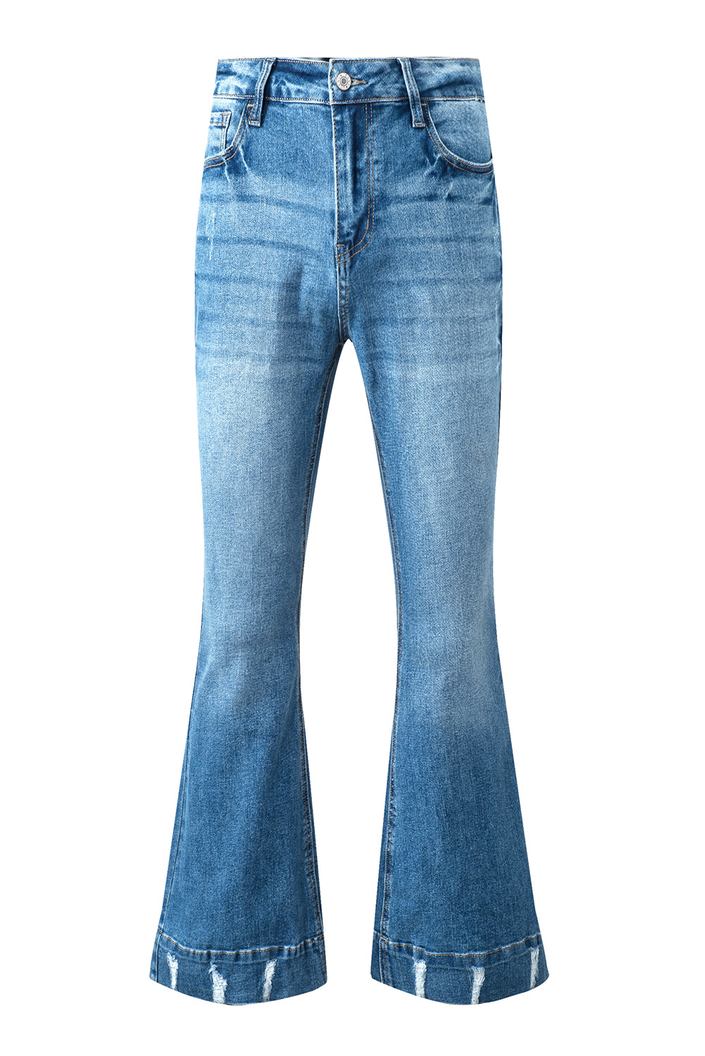 Sky Blue Slight Distressed Medium Wash Flare Jeans - Design Studios Direct