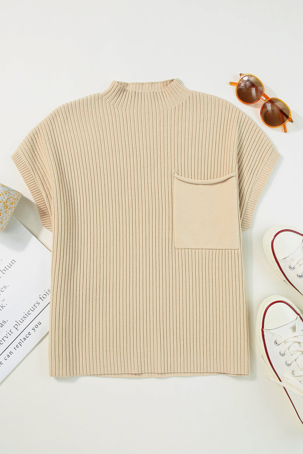 Oatmeal Patch Pocket Ribbed Knit Short Sleeve Sweater - Design Studios Direct