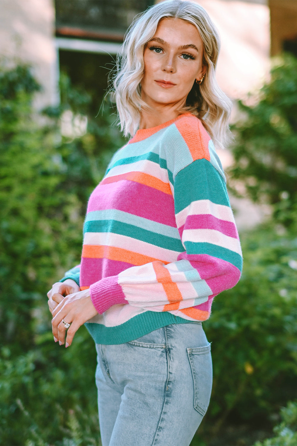 Multicolor Striped Knit Drop Shoulder Puff Sleeve Sweater - Design Studios Direct